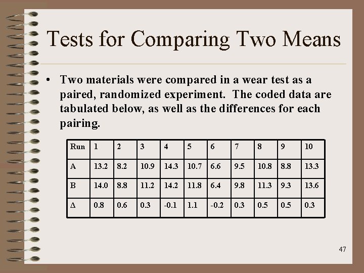Tests for Comparing Two Means • Two materials were compared in a wear test