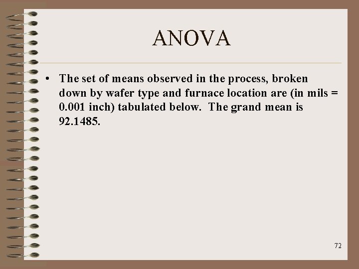 ANOVA • The set of means observed in the process, broken down by wafer