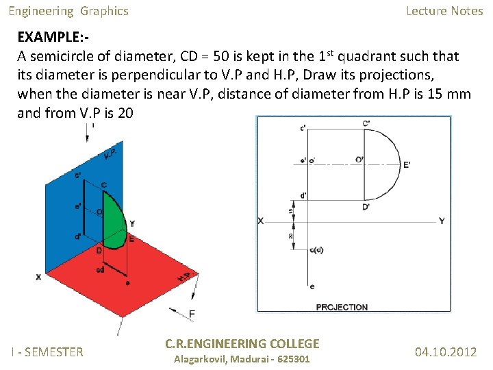 Engineering Graphics Lecture Notes EXAMPLE: A semicircle of diameter, CD = 50 is kept Engineering Graphics Lecture Notes EXAMPLE: A semicircle of diameter, CD = 50 is kept