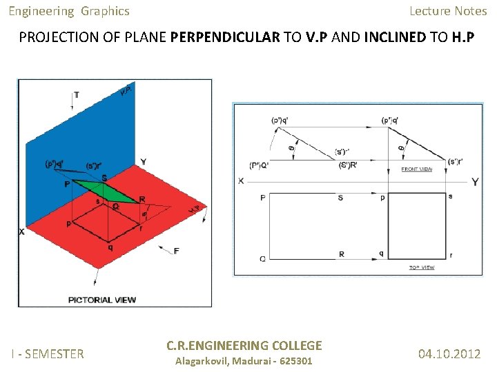 Engineering Graphics Lecture Notes PROJECTION OF PLANE PERPENDICULAR TO V. P AND INCLINED TO Engineering Graphics Lecture Notes PROJECTION OF PLANE PERPENDICULAR TO V. P AND INCLINED TO
