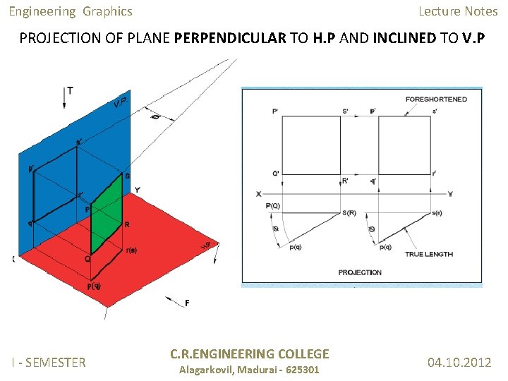 Engineering Graphics Lecture Notes PROJECTION OF PLANE PERPENDICULAR TO H. P AND INCLINED TO Engineering Graphics Lecture Notes PROJECTION OF PLANE PERPENDICULAR TO H. P AND INCLINED TO