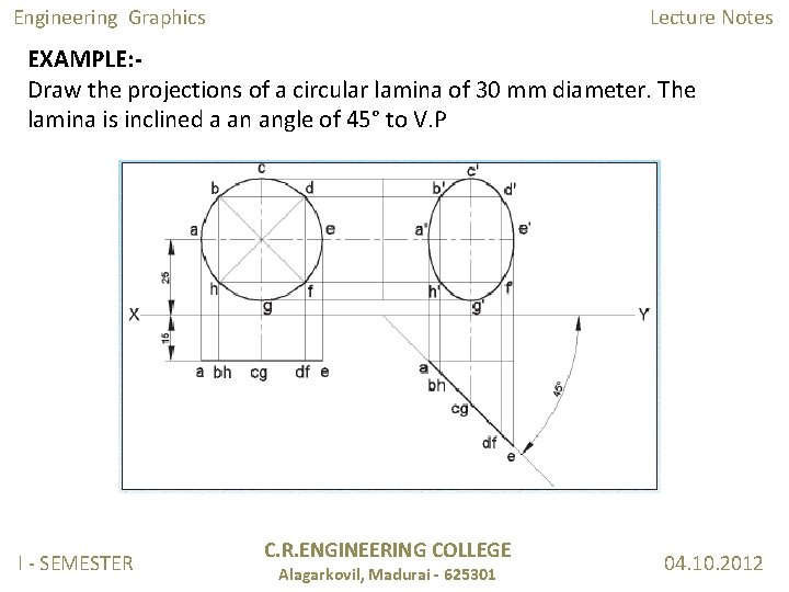 Engineering Graphics Lecture Notes EXAMPLE: Draw the projections of a circular lamina of 30