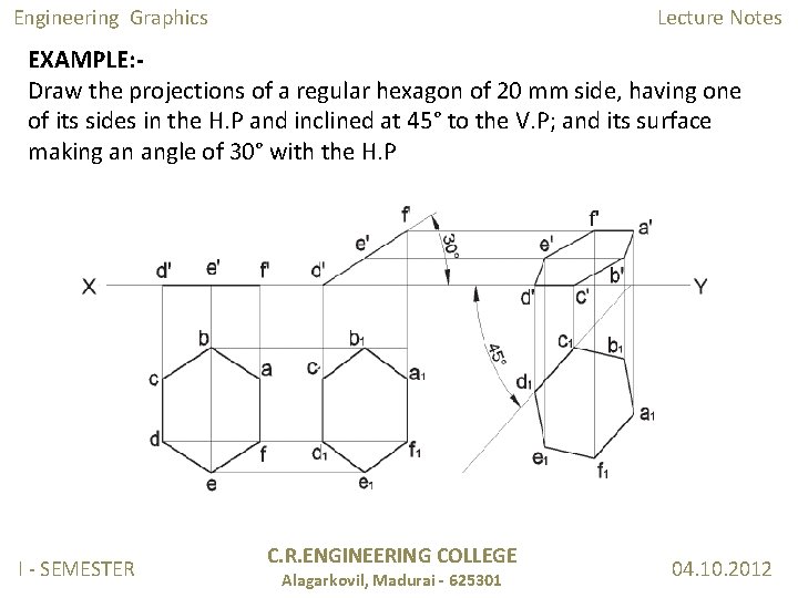 Engineering Graphics Lecture Notes EXAMPLE: Draw the projections of a regular hexagon of 20