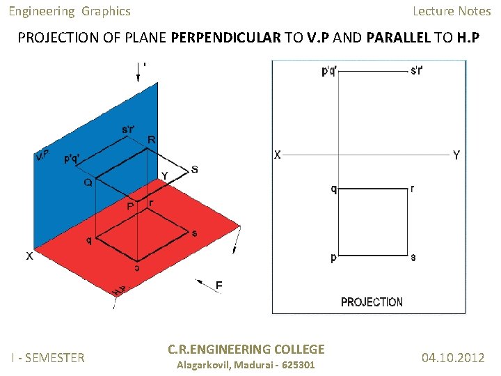 Engineering Graphics Lecture Notes PROJECTION OF PLANE PERPENDICULAR TO V. P AND PARALLEL TO