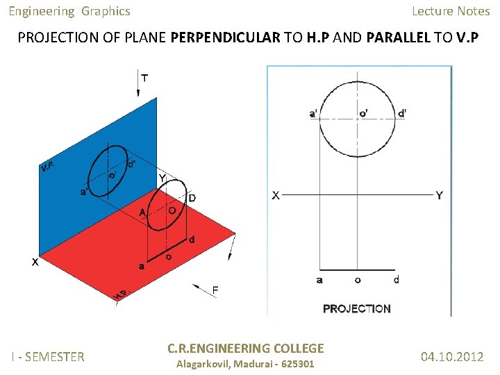 Engineering Graphics Lecture Notes PROJECTION OF PLANE PERPENDICULAR TO H. P AND PARALLEL TO