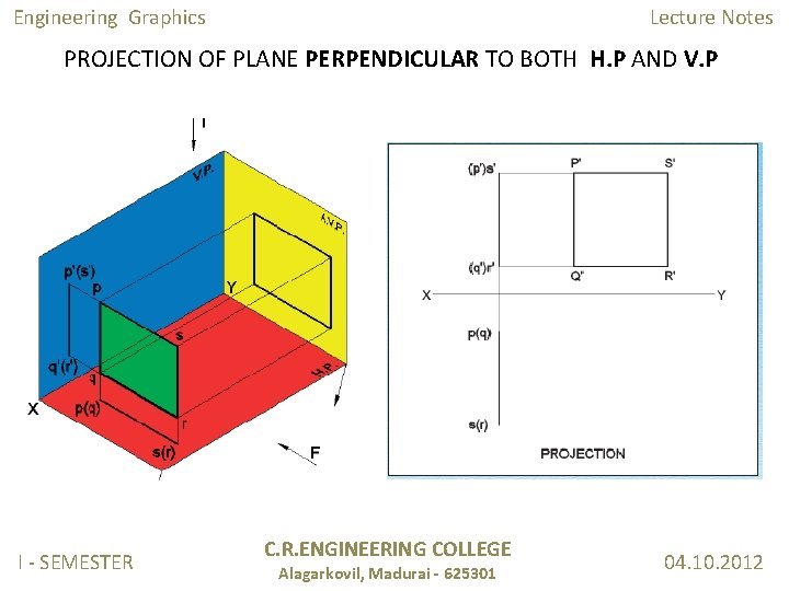 Engineering Graphics Lecture Notes PROJECTION OF PLANE PERPENDICULAR TO BOTH H. P AND V.