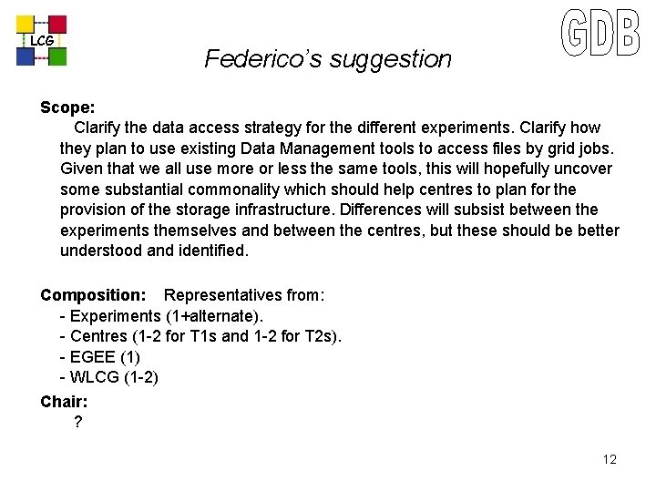 LCG Federico’s suggestion Scope: Clarify the data access strategy for the different experiments. Clarify