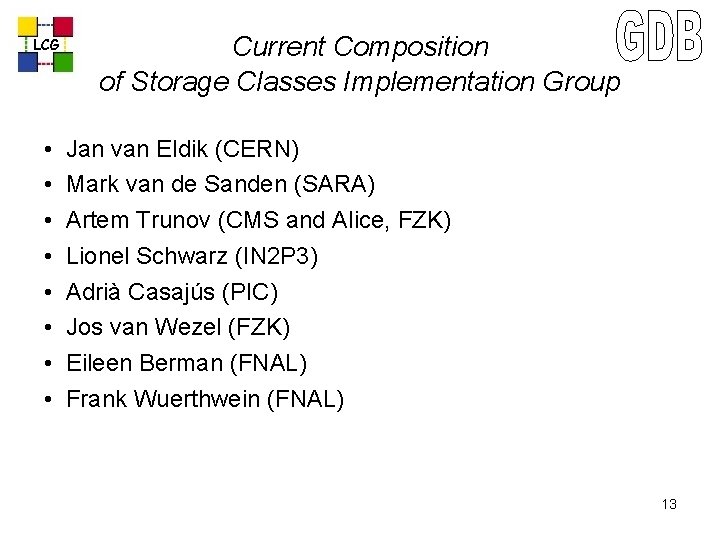 LCG • • Current Composition of Storage Classes Implementation Group Jan van Eldik (CERN)