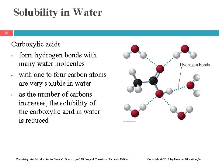 Solubility in Water 16 Carboxylic acids • form hydrogen bonds with many water molecules