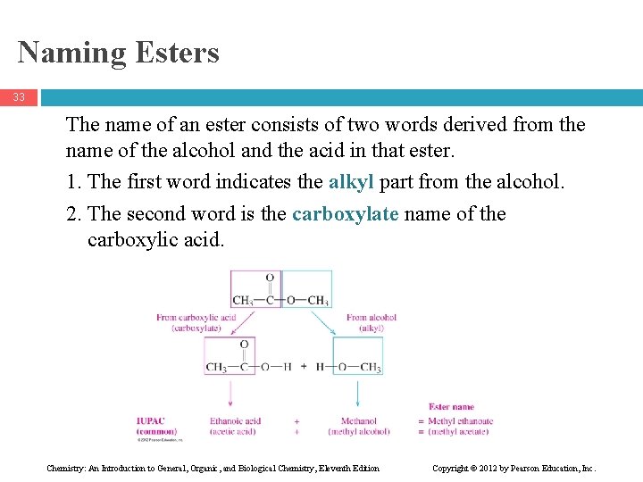 Naming Esters 33 The name of an ester consists of two words derived from