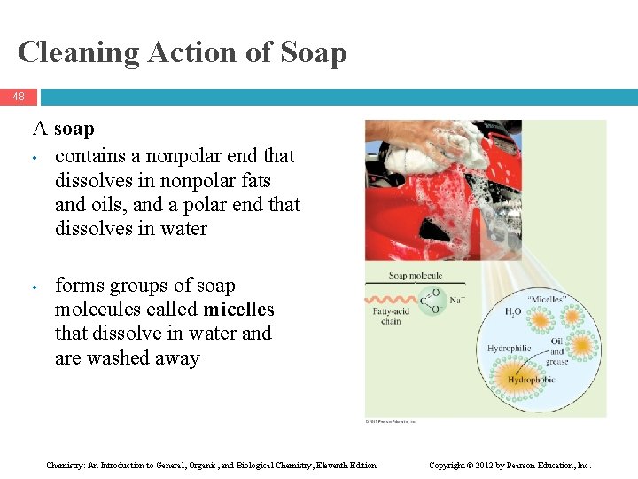 Cleaning Action of Soap 48 A soap • contains a nonpolar end that dissolves
