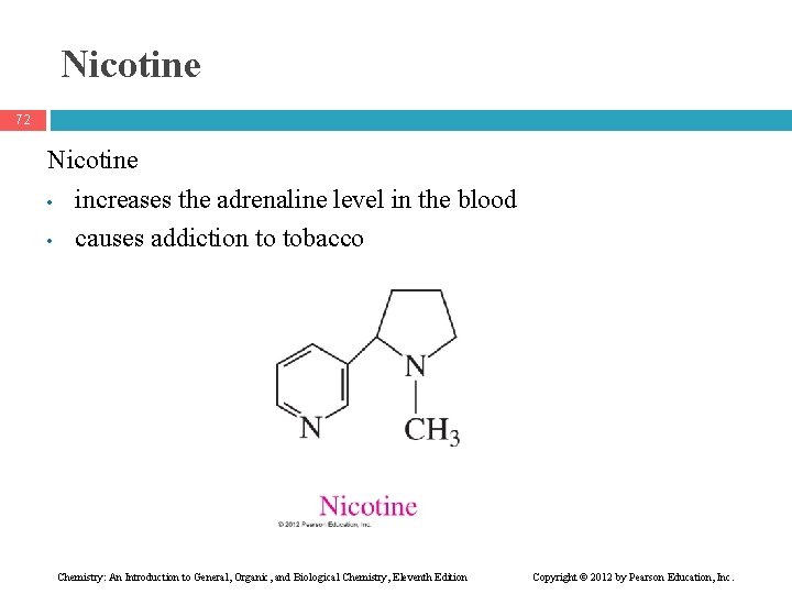 Nicotine 72 Nicotine • increases the adrenaline level in the blood • causes addiction