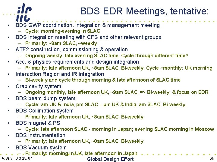 BDS EDR Meetings, tentative: • BDS GWP coordination, integration & management meeting – Cycle: