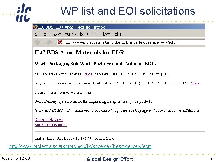 WP list and EOI solicitations http: //www-project. slac. stanford. edu/ilc/acceldev/beamdelivery/edr/ A. Seryi, Oct 25,