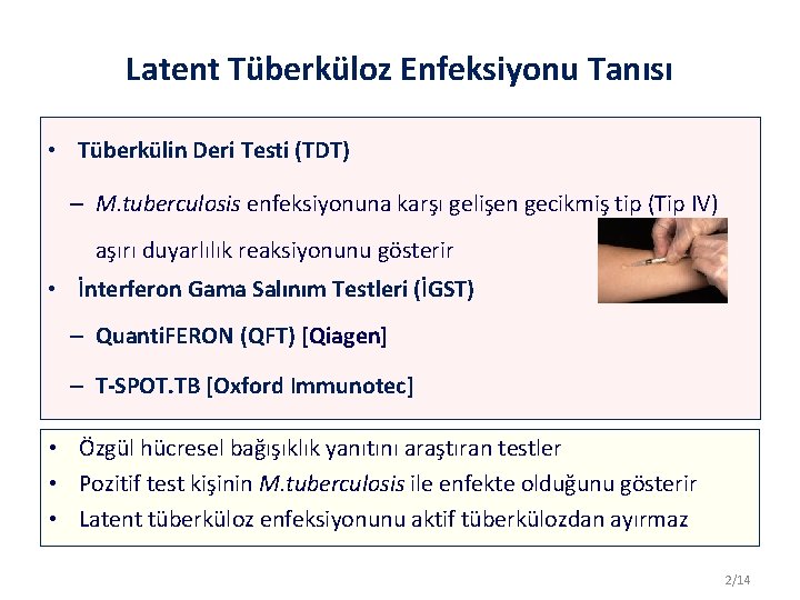 Latent Tüberküloz Enfeksiyonu Tanısı • Tüberkülin Deri Testi (TDT) – M. tuberculosis enfeksiyonuna karşı