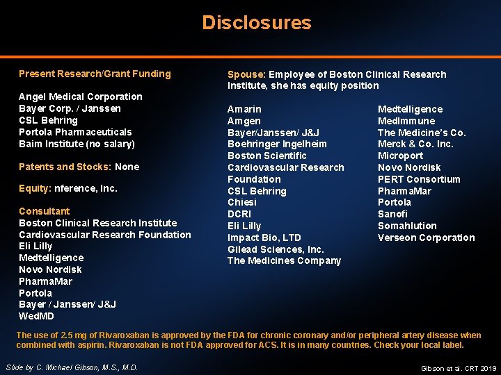 Disclosures Present Research/Grant Funding Angel Medical Corporation Bayer Corp. / Janssen CSL Behring Portola