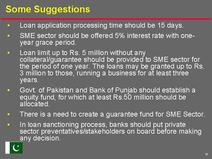 Some Suggestions • • • Loan application processing time should be 15 days. SME