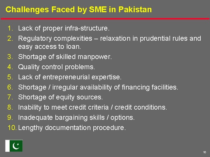 Challenges Faced by SME in Pakistan 1. Lack of proper infra-structure. 2. Regulatory complexities