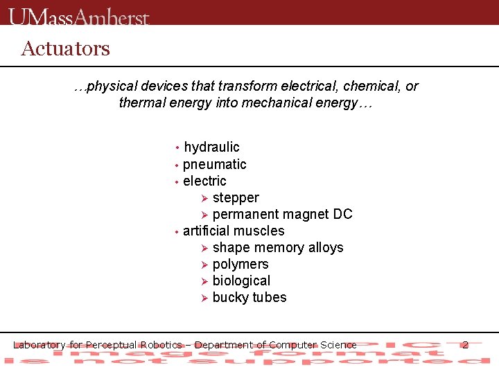 Actuators …physical devices that transform electrical, chemical, or thermal energy into mechanical energy… •