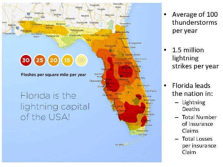  • Average of 100 thunderstorms per year • 1. 5 million lightning strikes