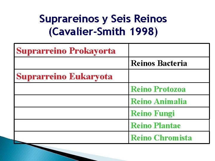 Suprareinos y Seis Reinos (Cavalier-Smith 1998) Suprarreino Prokayorta Reinos Bacteria Suprarreino Eukaryota Reino Protozoa