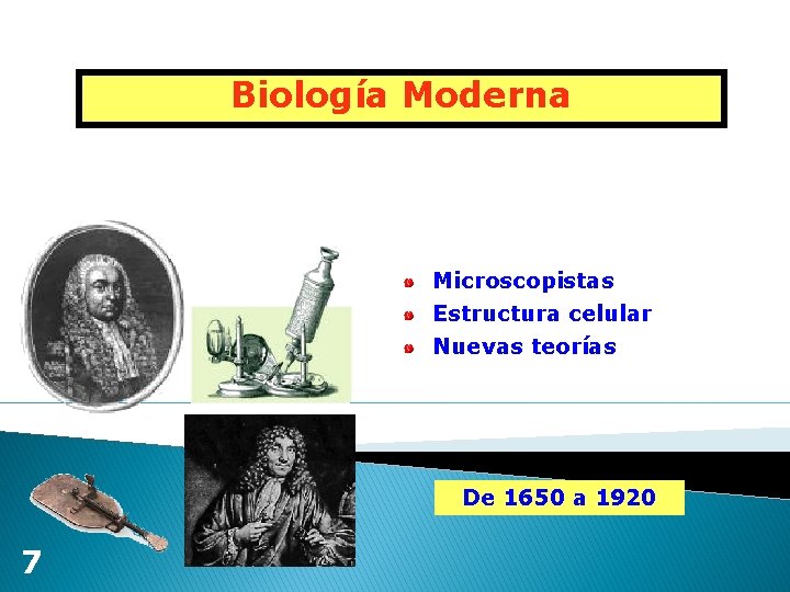 Biología Moderna Microscopistas Estructura celular Nuevas teorías De 1650 a 1920 7 