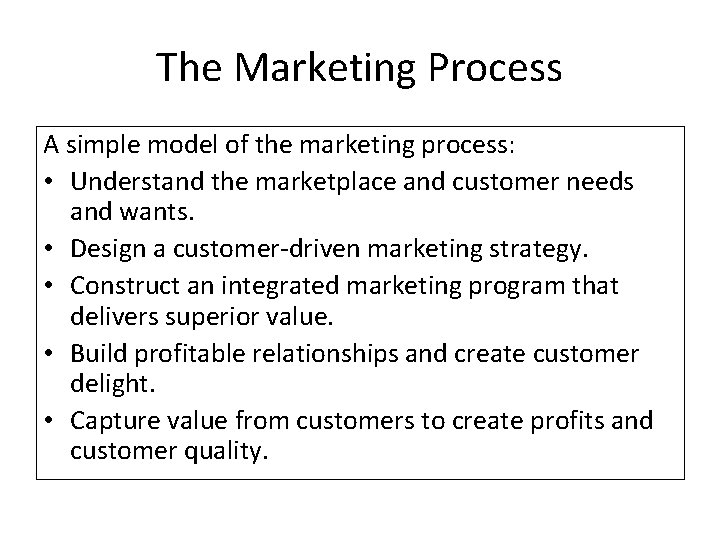 The Marketing Process A simple model of the marketing process: • Understand the marketplace