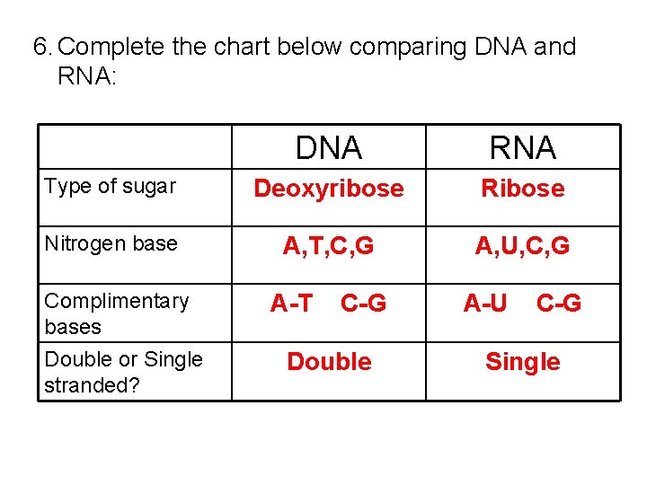 6. Complete the chart below comparing DNA and RNA: DNA RNA Type of sugar