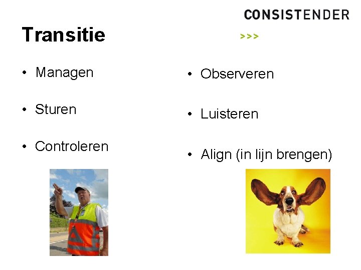 Transitie • Managen • Observeren • Sturen • Luisteren • Controleren • Align (in