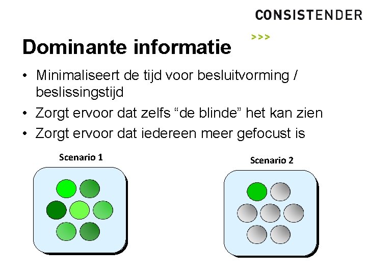 Dominante informatie • Minimaliseert de tijd voor besluitvorming / beslissingstijd • Zorgt ervoor dat