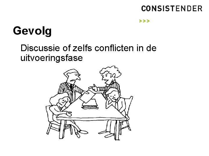 Gevolg Discussie of zelfs conflicten in de uitvoeringsfase 