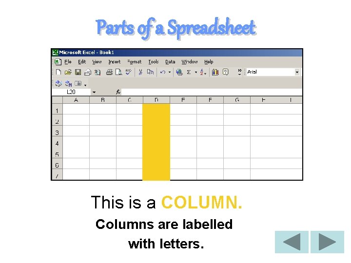 Parts of a Spreadsheet This is a COLUMN. Columns are labelled with letters. 