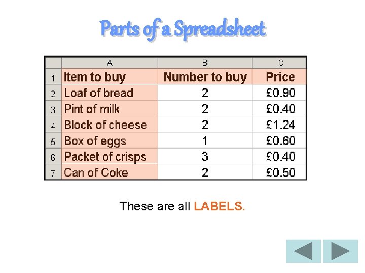 Parts of a Spreadsheet These are all LABELS. 
