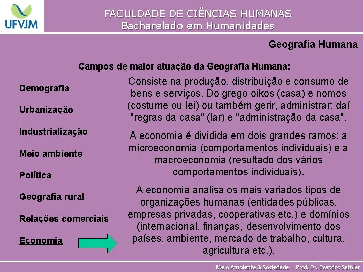 FACULDADE DE CIÊNCIAS HUMANAS Bacharelado em Humanidades Geografia Humana Campos de maior atuação da