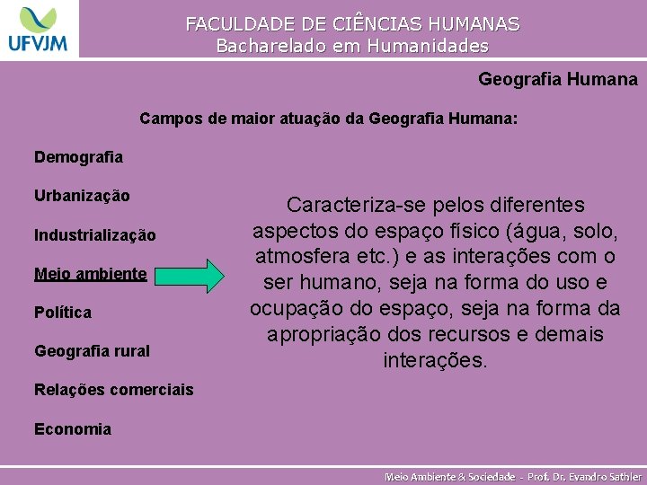 FACULDADE DE CIÊNCIAS HUMANAS Bacharelado em Humanidades Geografia Humana Campos de maior atuação da