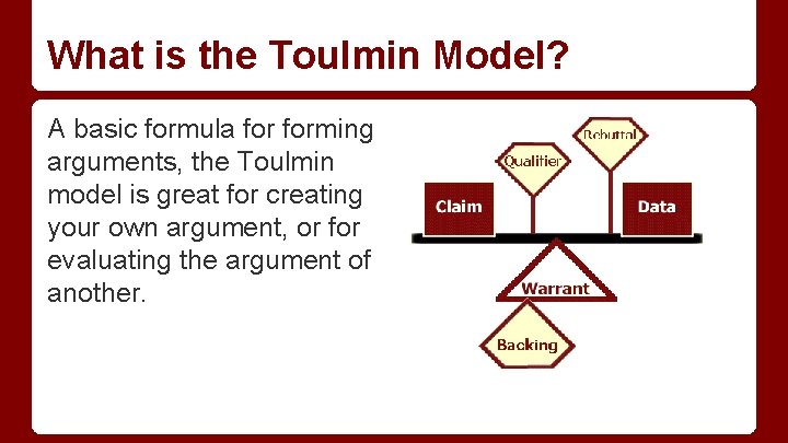 What is the Toulmin Model? A basic formula forming arguments, the Toulmin model is