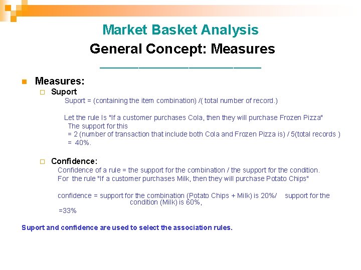 Market Basket Analysis General Concept: Measures _______________ n Measures: ¨ Suport Suport = (containing