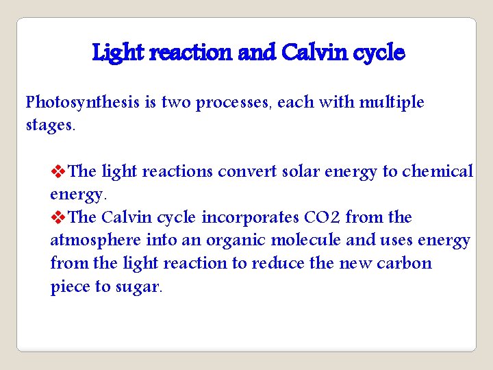 Light reaction and Calvin cycle Photosynthesis is two processes, each with multiple stages. v.