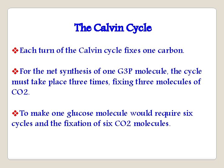 The Calvin Cycle v. Each turn of the Calvin cycle fixes one carbon. v.