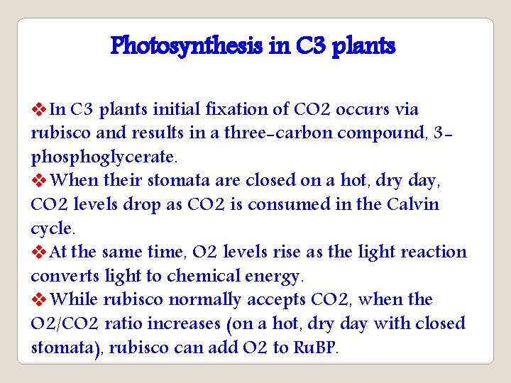 Photosynthesis in C 3 plants v. In C 3 plants initial fixation of CO