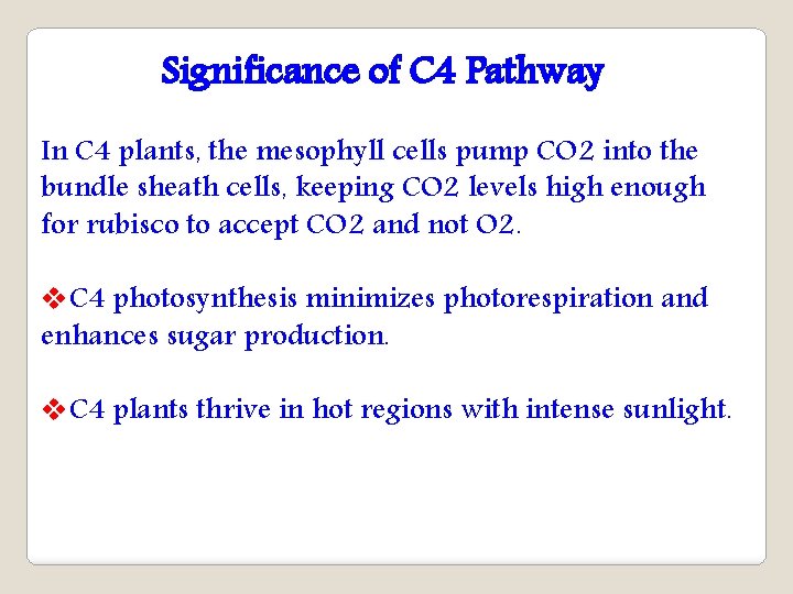 Significance of C 4 Pathway In C 4 plants, the mesophyll cells pump CO