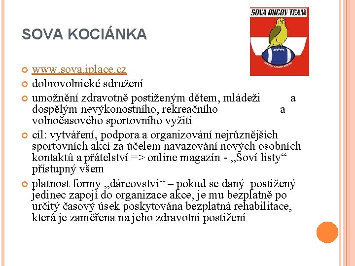 SOVA KOCIÁNKA www. sova. iplace. cz dobrovolnické sdružení umožnění zdravotně postiženým dětem, mládeži a