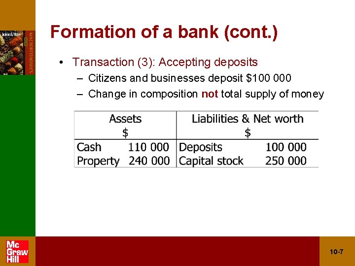 Formation of a bank (cont. ) • Transaction (3): Accepting deposits – Citizens and
