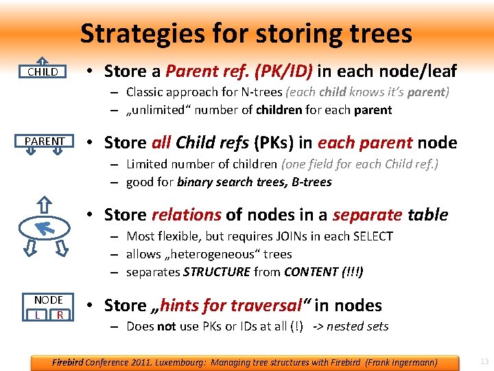 Strategies for storing trees CHILD • Store a Parent ref. (PK/ID) in each node/leaf Strategies for storing trees CHILD • Store a Parent ref. (PK/ID) in each node/leaf