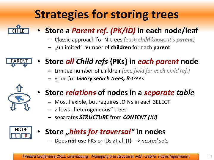 Strategies for storing trees CHILD • Store a Parent ref. (PK/ID) in each node/leaf