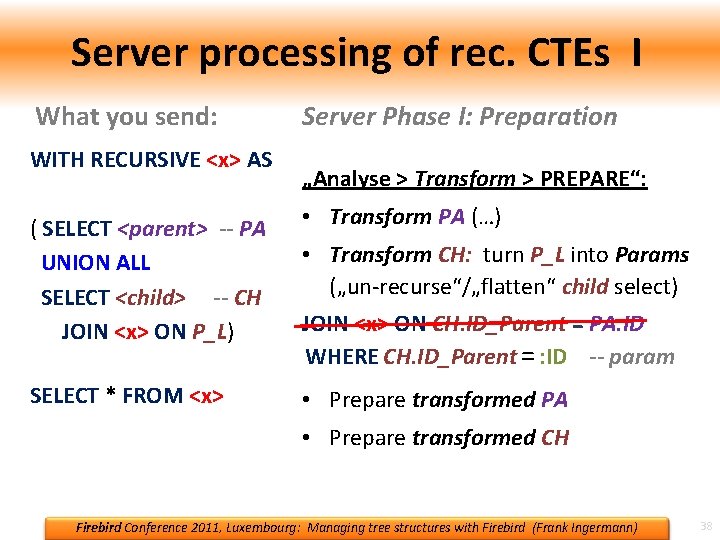 Server processing of rec. CTEs I What you send: WITH RECURSIVE <x> AS Server