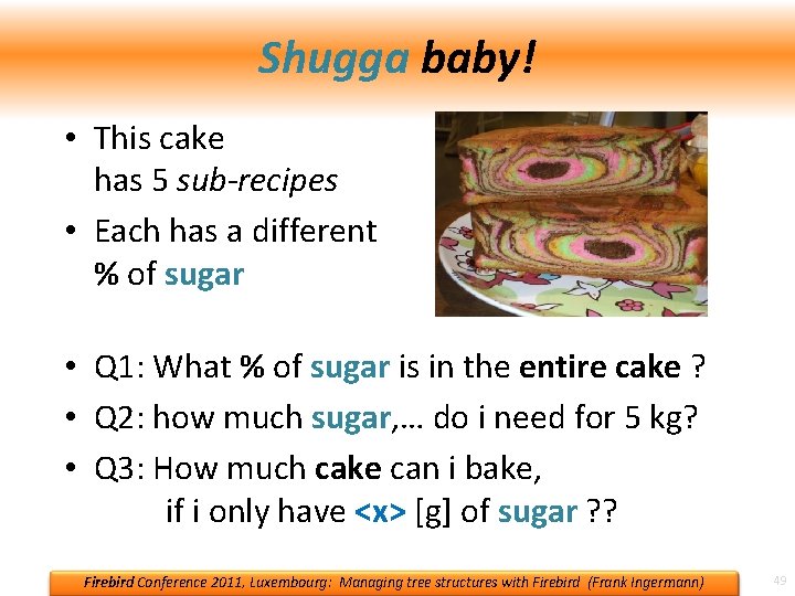 Shugga baby! • This cake has 5 sub-recipes • Each has a different %