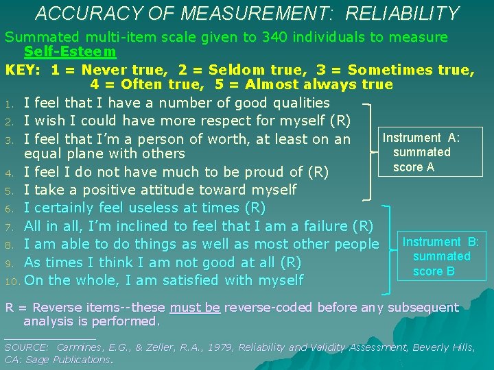 ACCURACY OF MEASUREMENT: RELIABILITY Summated multi-item scale given to 340 individuals to measure Self-Esteem ACCURACY OF MEASUREMENT: RELIABILITY Summated multi-item scale given to 340 individuals to measure Self-Esteem