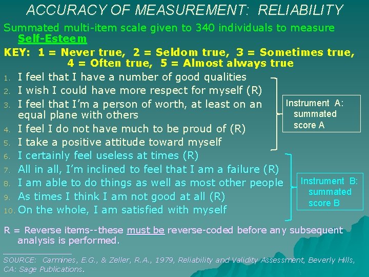 ACCURACY OF MEASUREMENT: RELIABILITY Summated multi-item scale given to 340 individuals to measure Self-Esteem