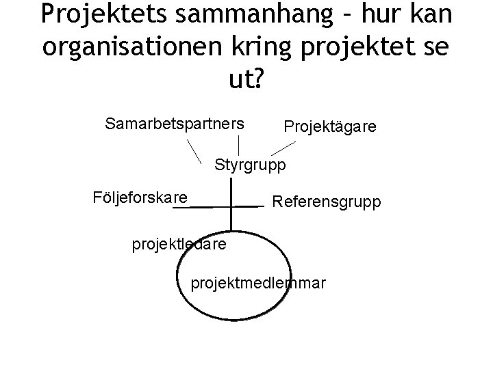 Projektets sammanhang – hur kan organisationen kring projektet se ut? Samarbetspartners Projektägare Styrgrupp Följeforskare